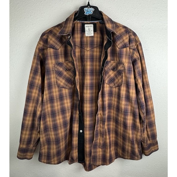 Rough Stock Panhandle XL Orange Plaid Contrast Cuff Pearl Snap Long Sleeve Shirt - Picture 4 of 8